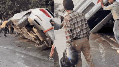 Greater Noida Accident: Watch: Audi overturns after high-impact collision with Glanza in Greater Noida | Noida News