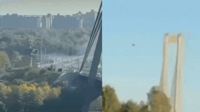 Video: Russian drone strike sets Kyiv bridge ablaze as Merz arrives to sirens and explosions